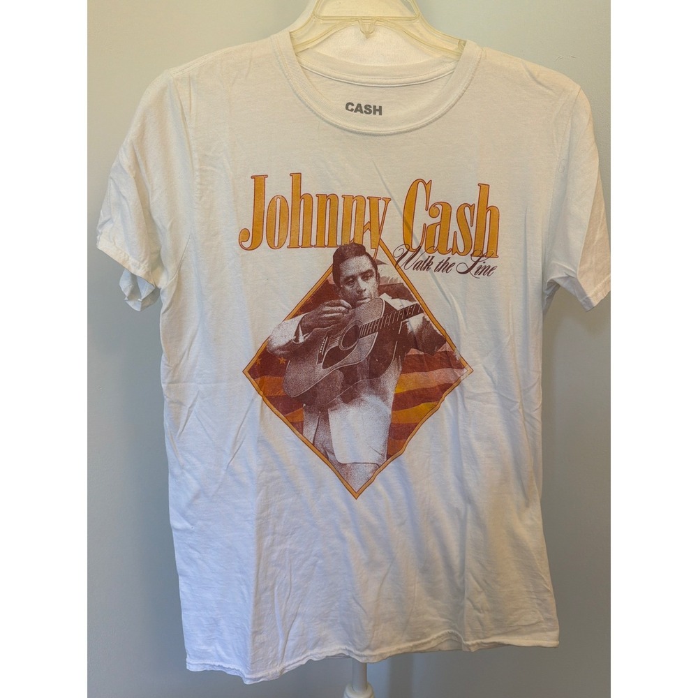 Johnny Cash Walk the Line Graphic Tee White Cotton T-Shirt Medium Mens Womens